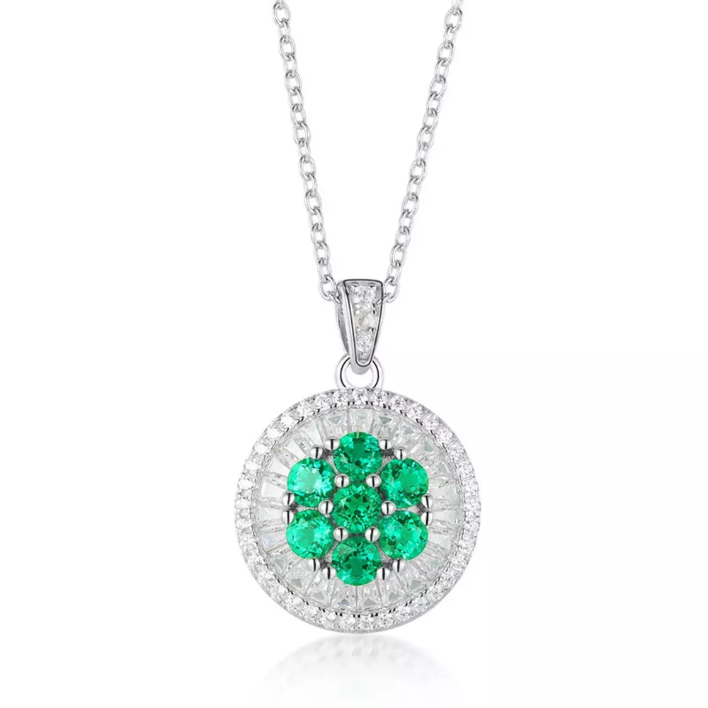 S925 Sterling Silver Disc Cultured Emerald Gemstone Pendant Necklace