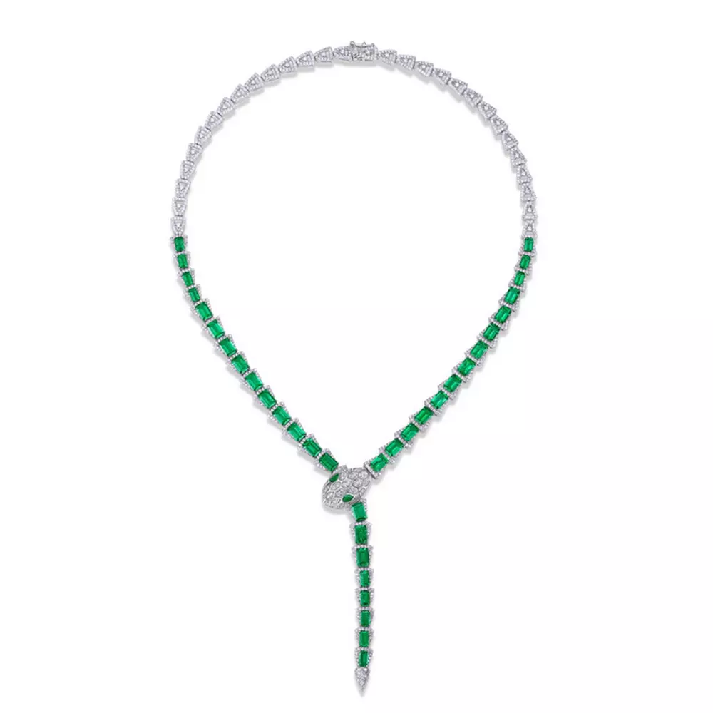 S925 Sterling Silver with Cultured Emerald Snake Snake Bone Necklace