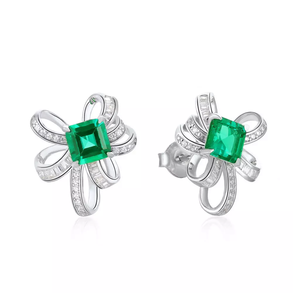 S925 Silver Cultured Emerald Stud Colorful Earrings