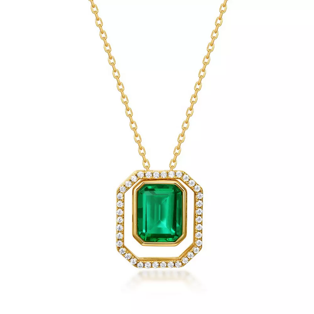 S925 Silver Geometric Cultured Emerald Simple Double Pendant Necklace