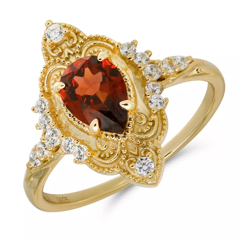 Red Pomegranate S925 Sterling Silver Gold-Plated Teardrop Gemstone Ring
