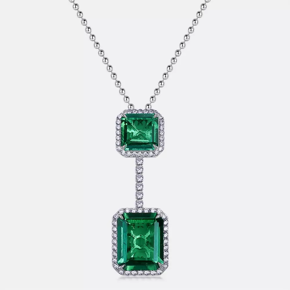 S925 Silver Full Set Cultured Colored Emerald Pendant Necklace