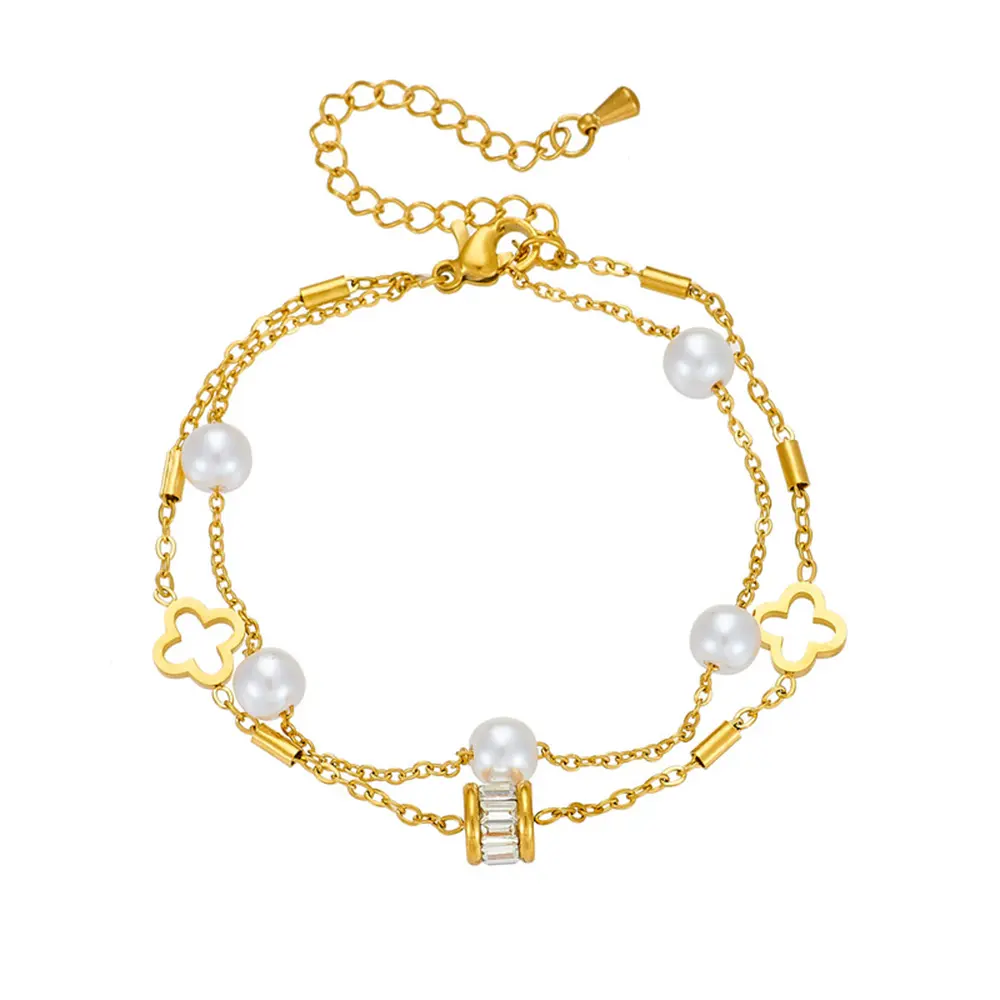 Double Layers Titanium Steel Pearl Hollowed Out Flower Zirconia Anklet