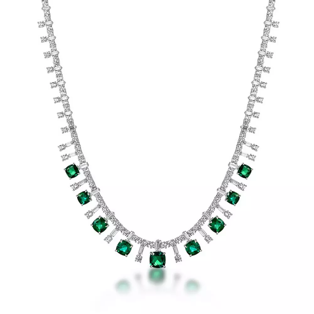 S925 Sterling Silver Necklace with Cultured Emeralds and Colored Jewels