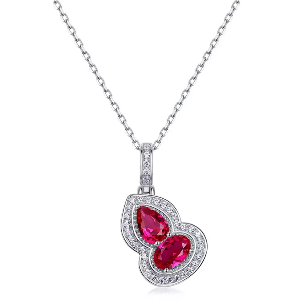 S925 Sterling Silver with Cultured Ruby Gourd Full Diamonds Necklace