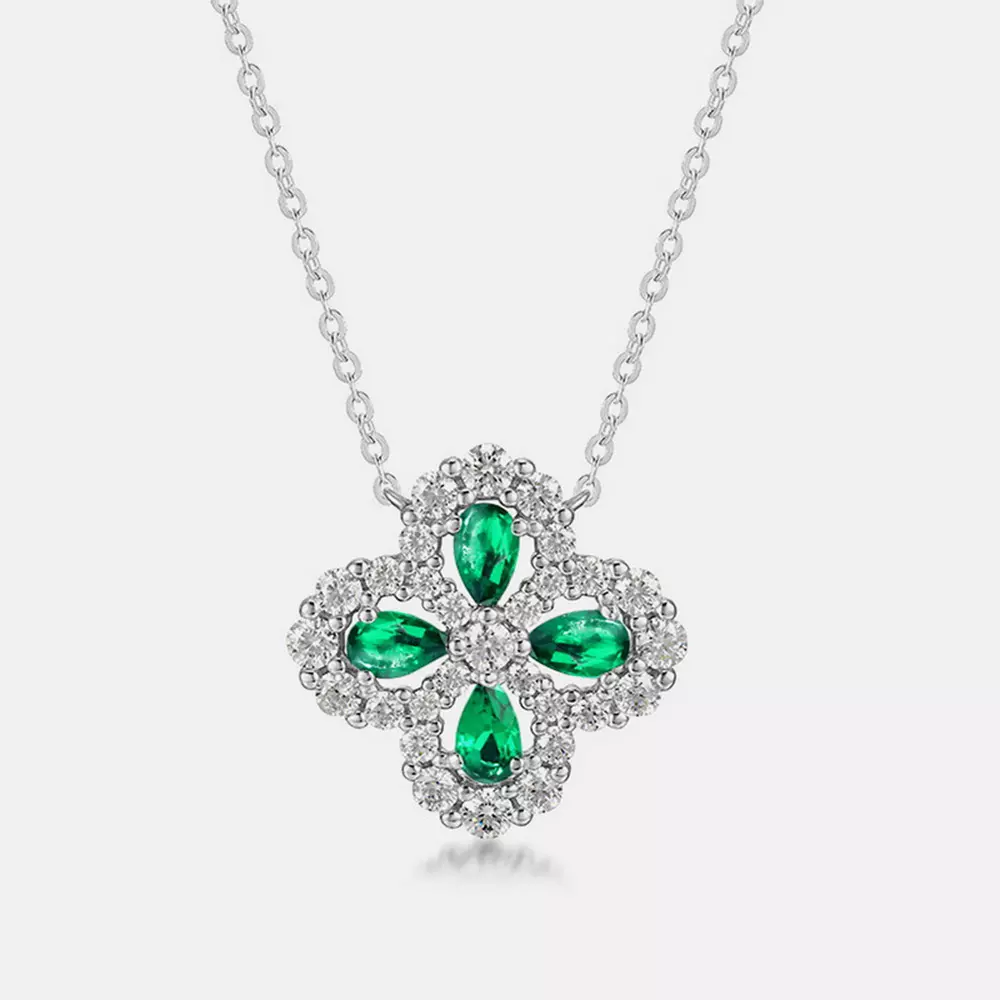 S925 Sterling Silver Cultured Emerald Clover Necklace