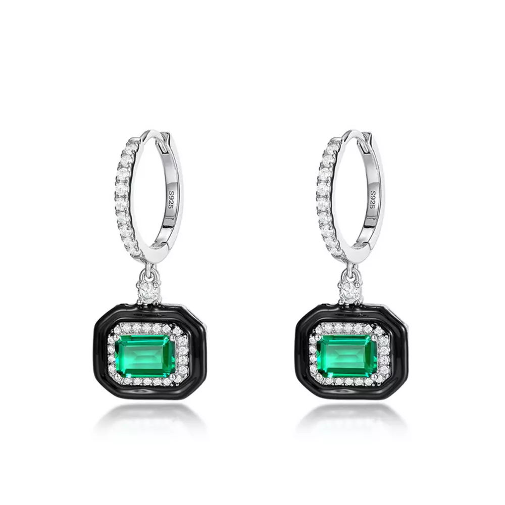S925 Silver Cultured Emerald Fashion Black Enamel Earrings