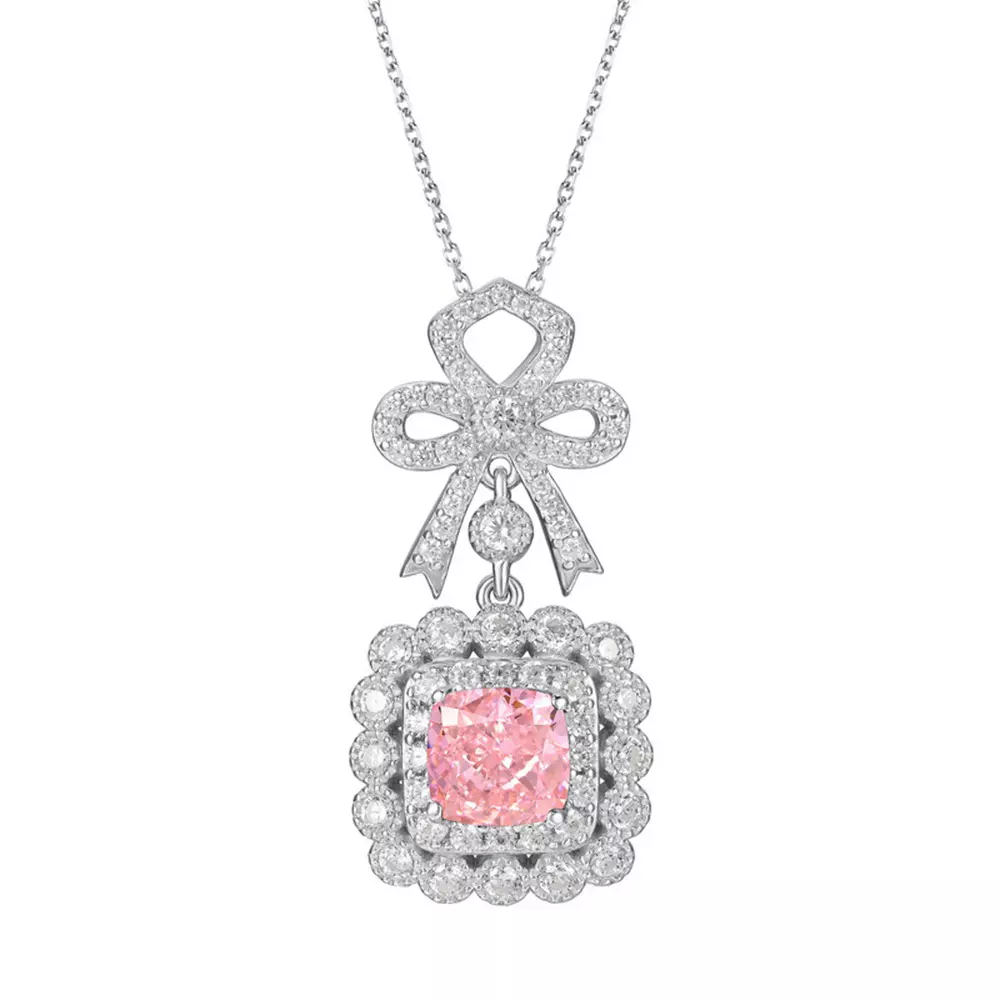 S925 Silver Plated White Gold High Carbon Diamond Pendant Bow Necklace