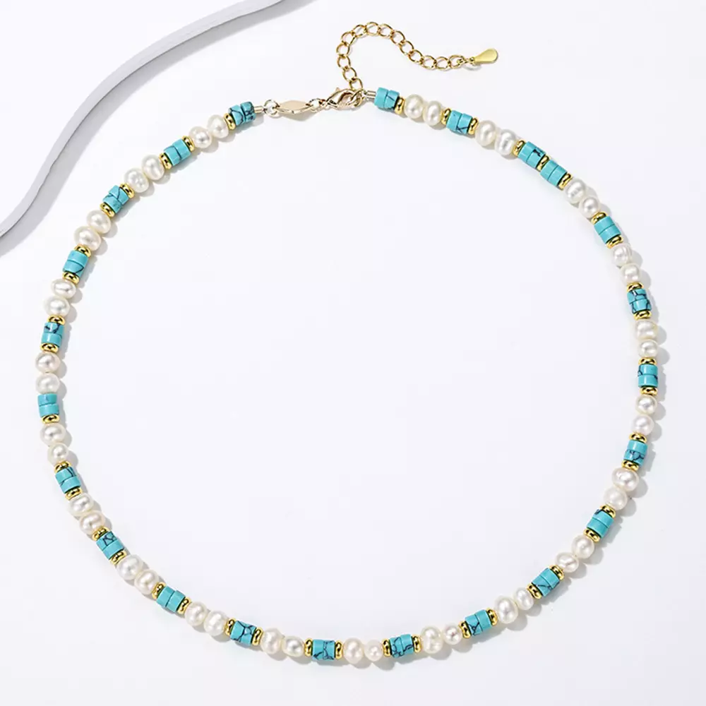 Niche personality premium sense of simple design natural freshwater pearl turquoise necklace jewelry