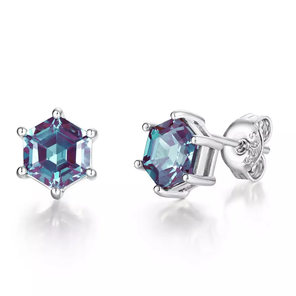 Cultured Alexandrite Stud Earrings in S925 Silver with Double Color Diamonds