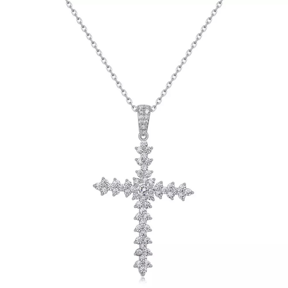 S925 Silver Moissan Diamond Cross Pendant Men's & Women's Collarbone Chain