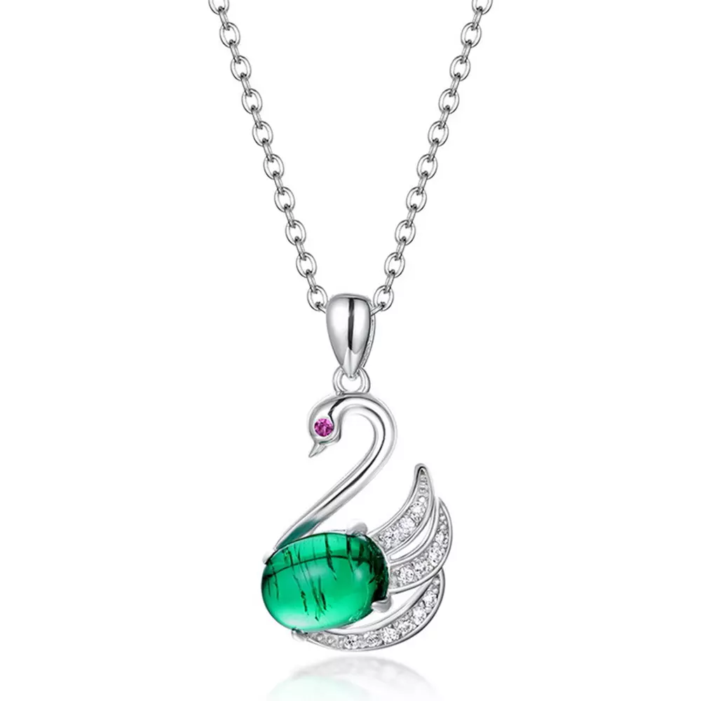 S925 Silver with Colored Gemstone Cultured Emerald Swan Necklace