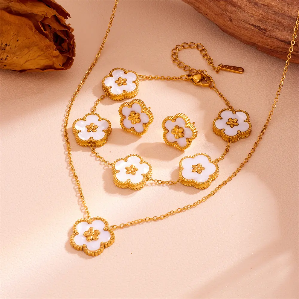 Stainless Steel Multi-color Cinquefoil Necklace Earring Bracelet Set