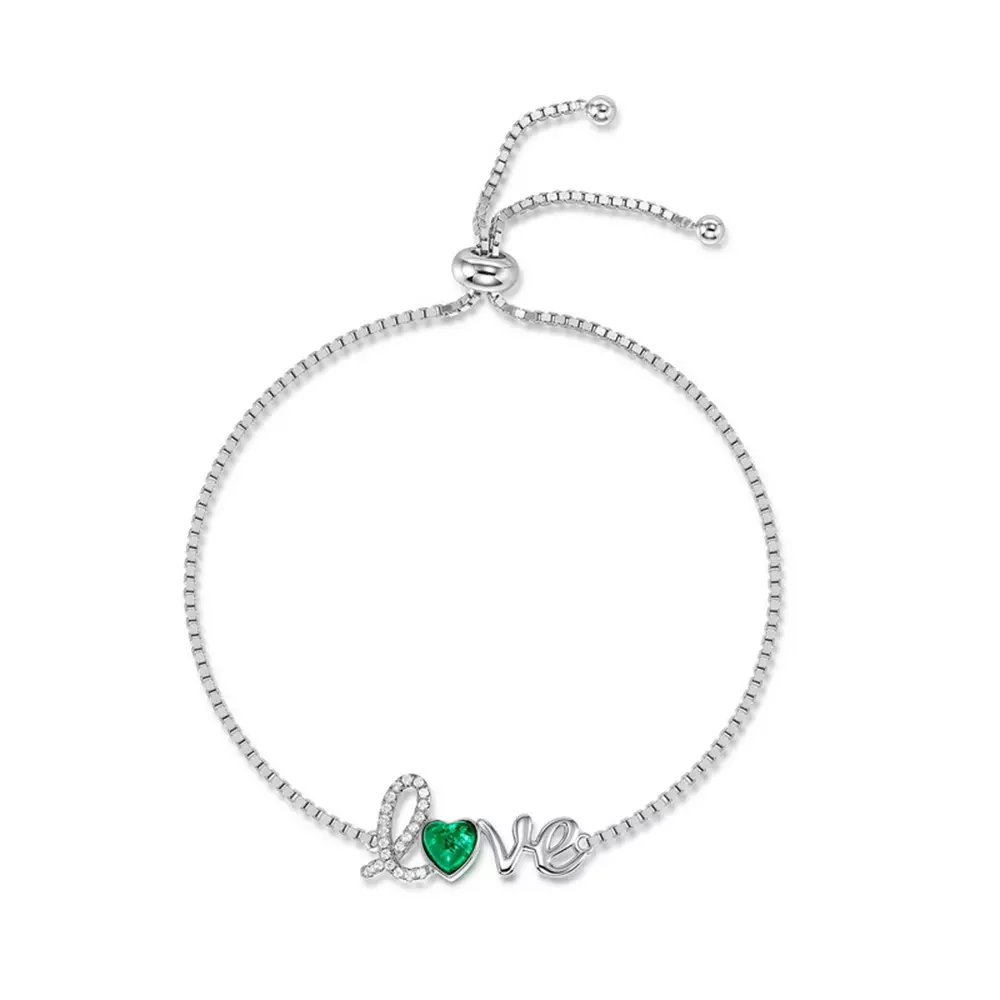 S925 silver bracelet with love heart colored gemstone cultivated emerald