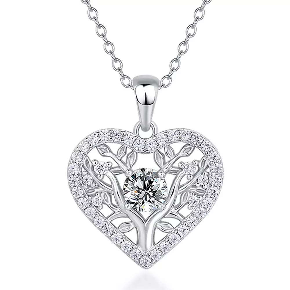 S925 Silver with Moissanite Tree of Life Heart Pendant Necklace Collar Chain