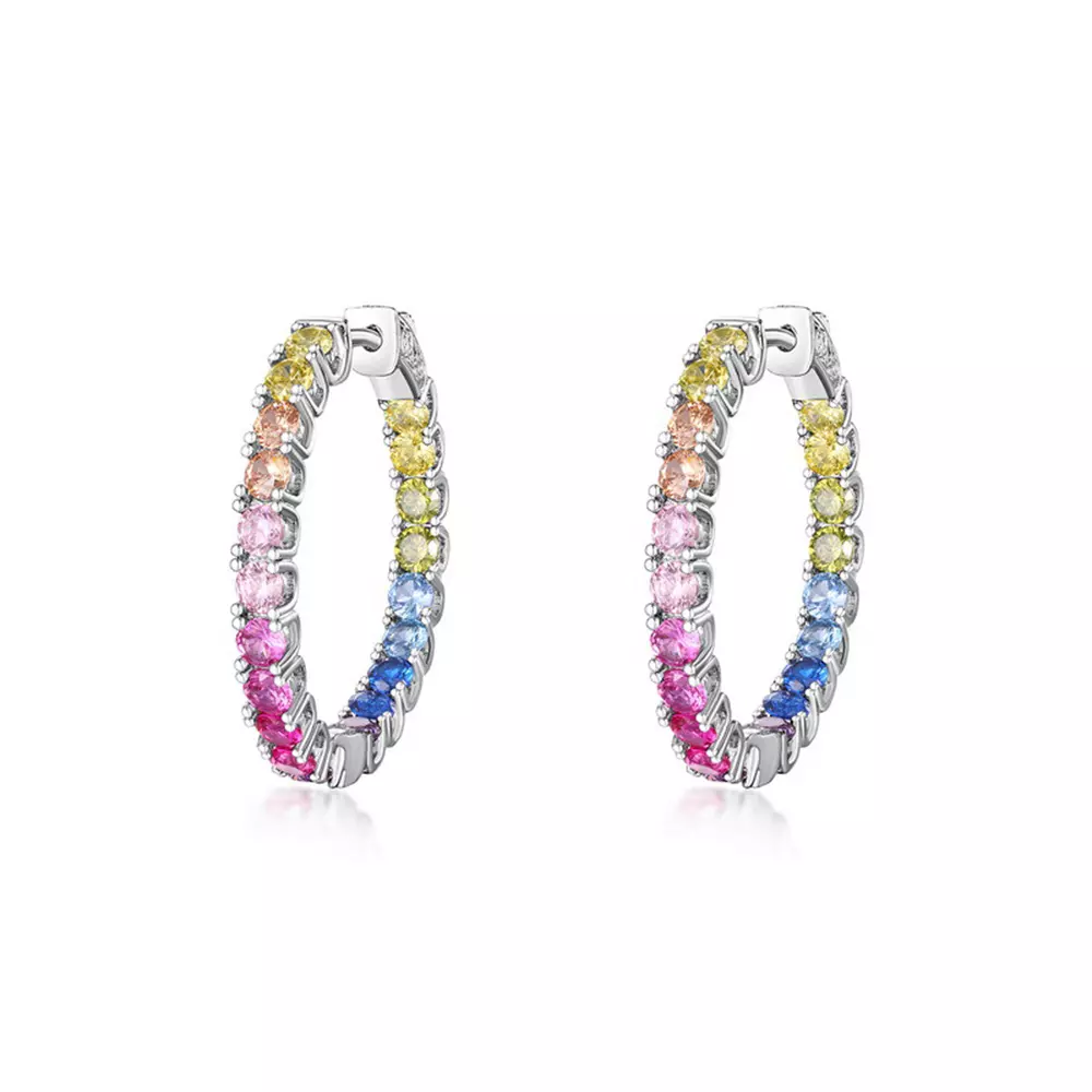 S925 Silver Full Colorful Rainbow Zirconia Earrings Hoops