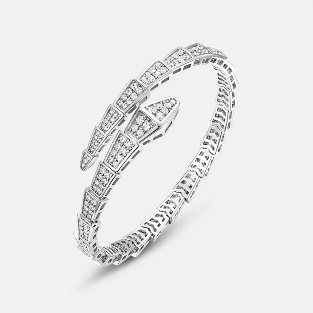 S925 Silver Full Set Zirconia Snake Open Bangle Bracelet Jewelry