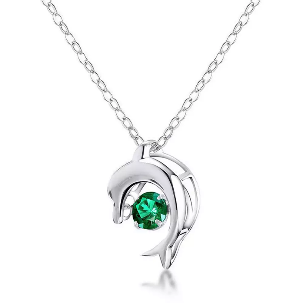 S925 Sterling Silver with Cultured Emerald Dolphin Necklace