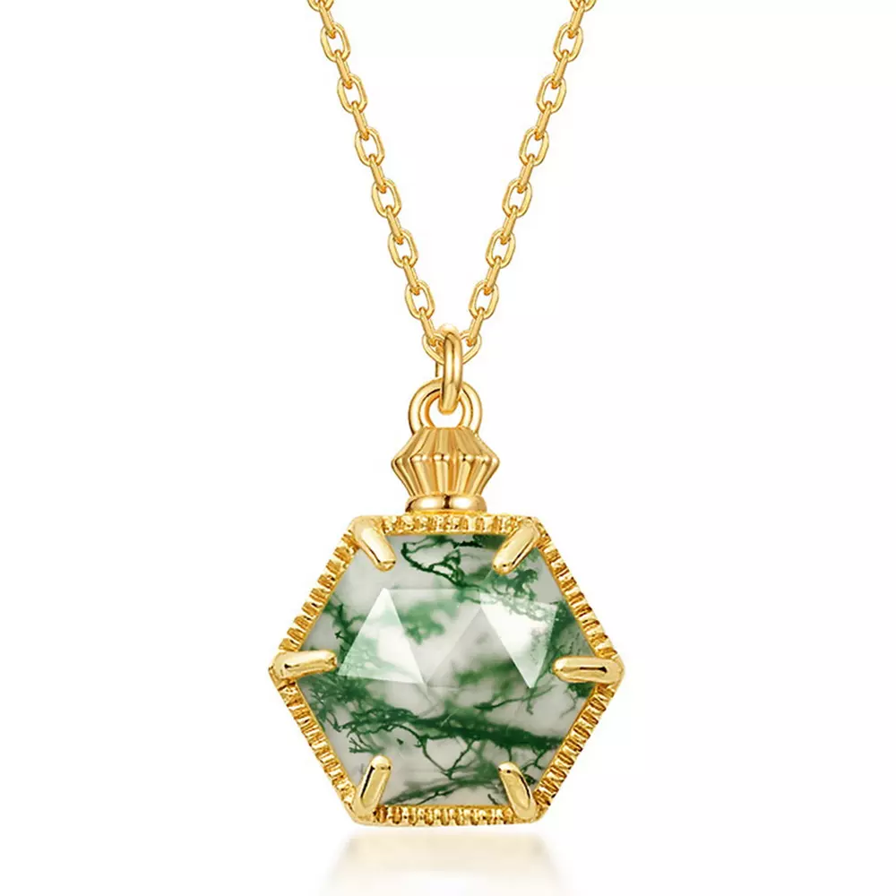 S925 Sterling Silver Gold-Plated Natural Watercress Agate Pendant Necklace