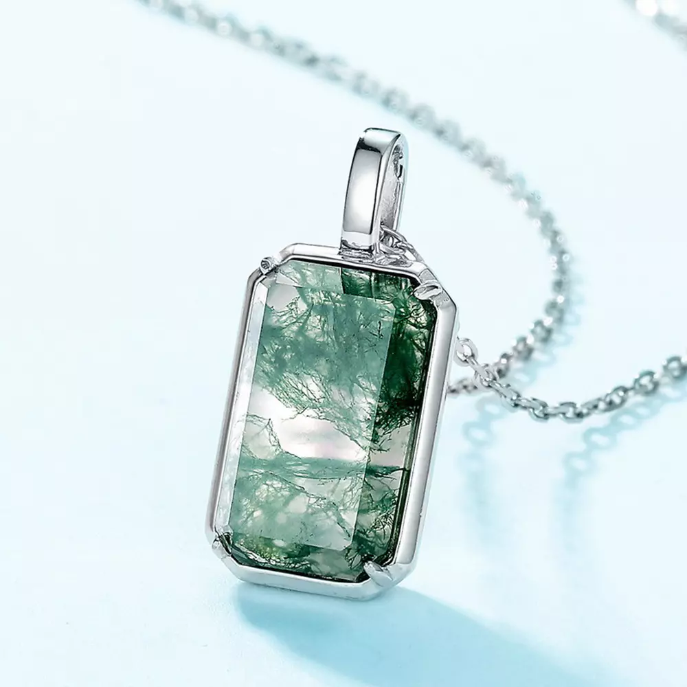 S925 silver with aqua agate natural green moss square stone pendant necklace