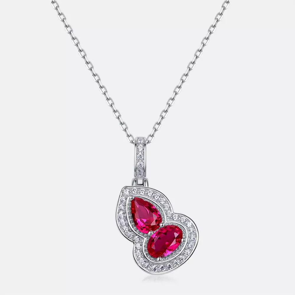 S925 Sterling Silver with Cultured Ruby Gourd Full Diamonds Necklace