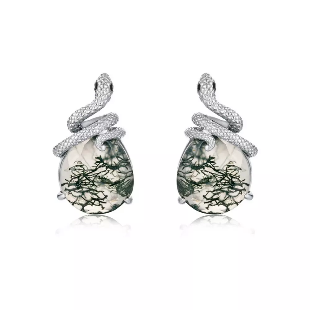 Snake S925 Silver with Aqua Agate Natural Green Moss Stone Stud Earrings