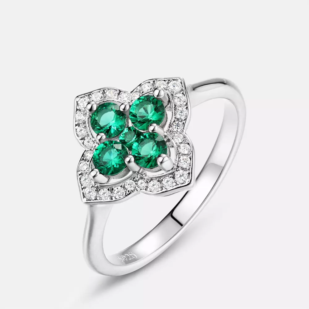 Light Luxury Clover Petal S925 Silver with Cultured Emerald Ring