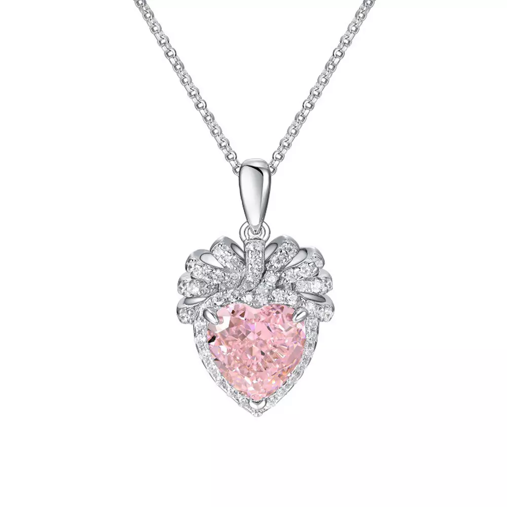 Heart Sapphire Pendant Chain in S925 Silver with Pink Diamonds
