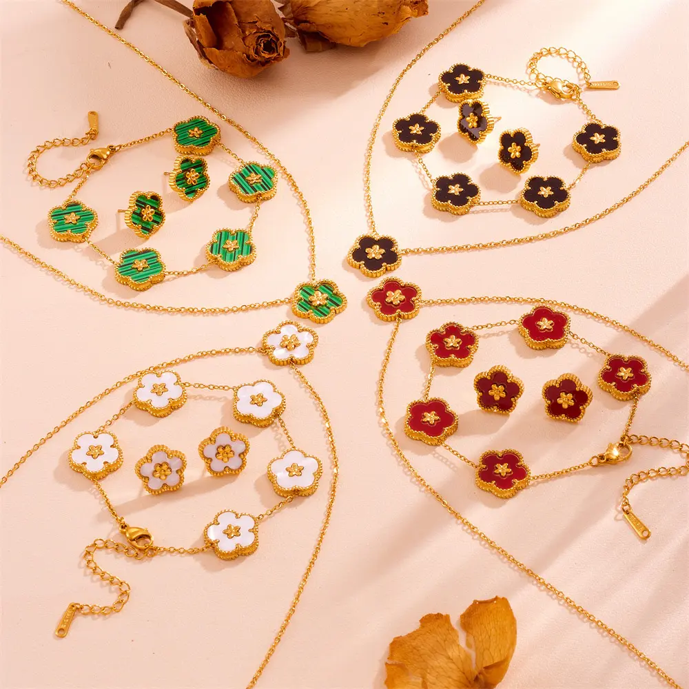 Stainless Steel Multi-color Cinquefoil Necklace Earring Bracelet Set