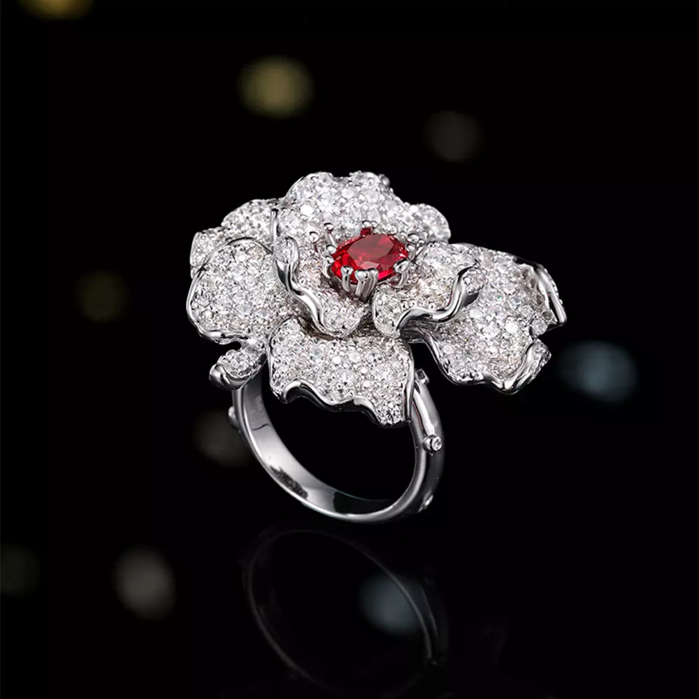 S925 sterling silver luxury high sense ruby flower fashion temperament ring finger ring jewelry