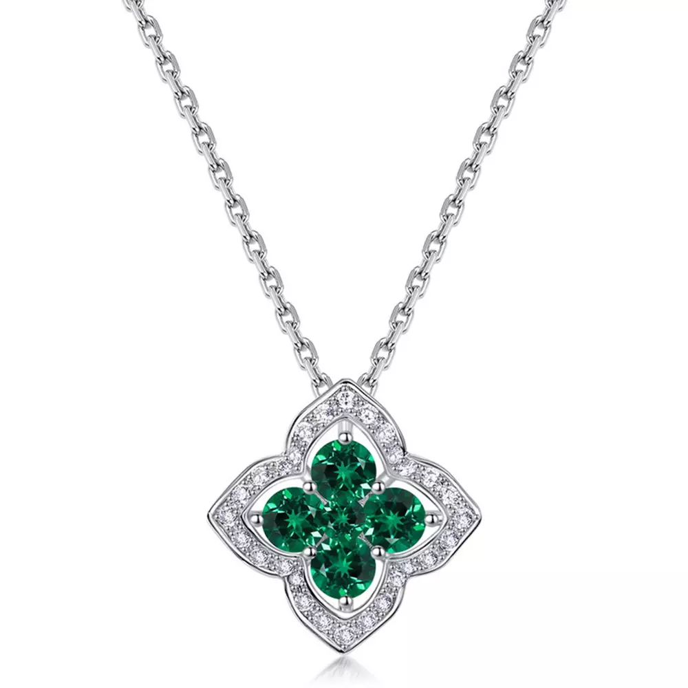 S925 Silver with Nurtured Emerald Lucky Clover Necklace Chain