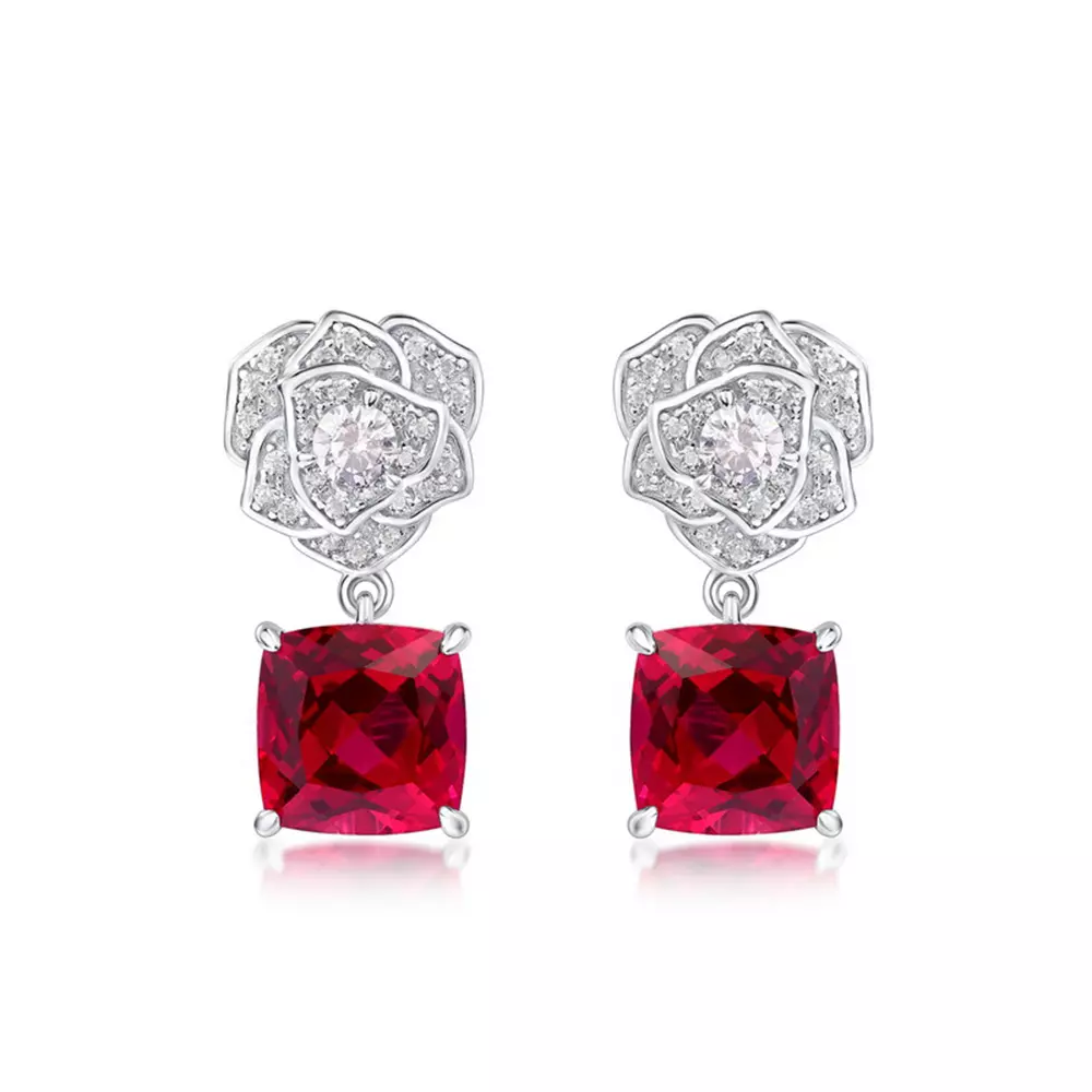 S925 Silver with Cultured Ruby Simulation Rose Earrings