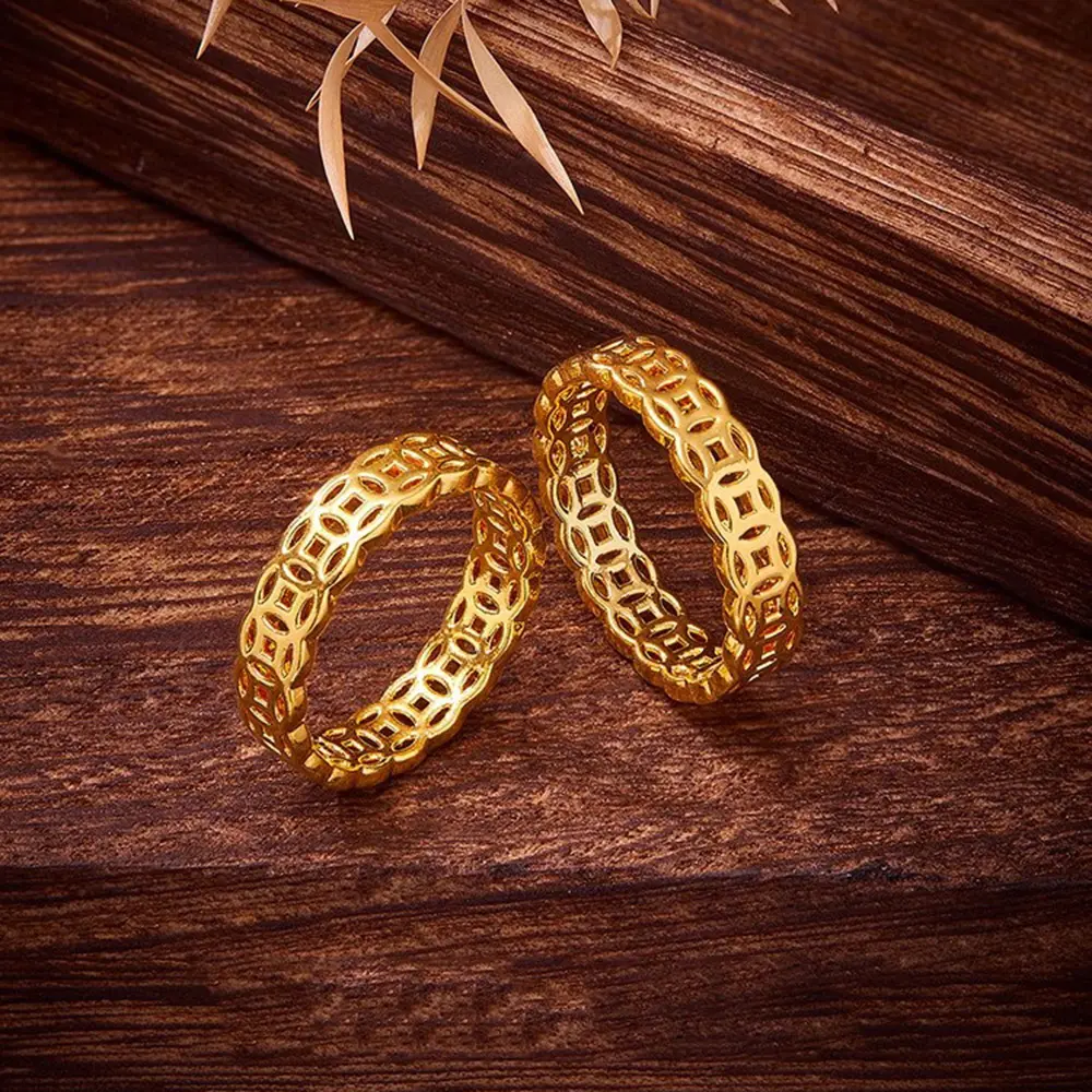 Simple Hollowed Out Copper Coin Plain Circle Gold Coin Money Couple's Pair Ring