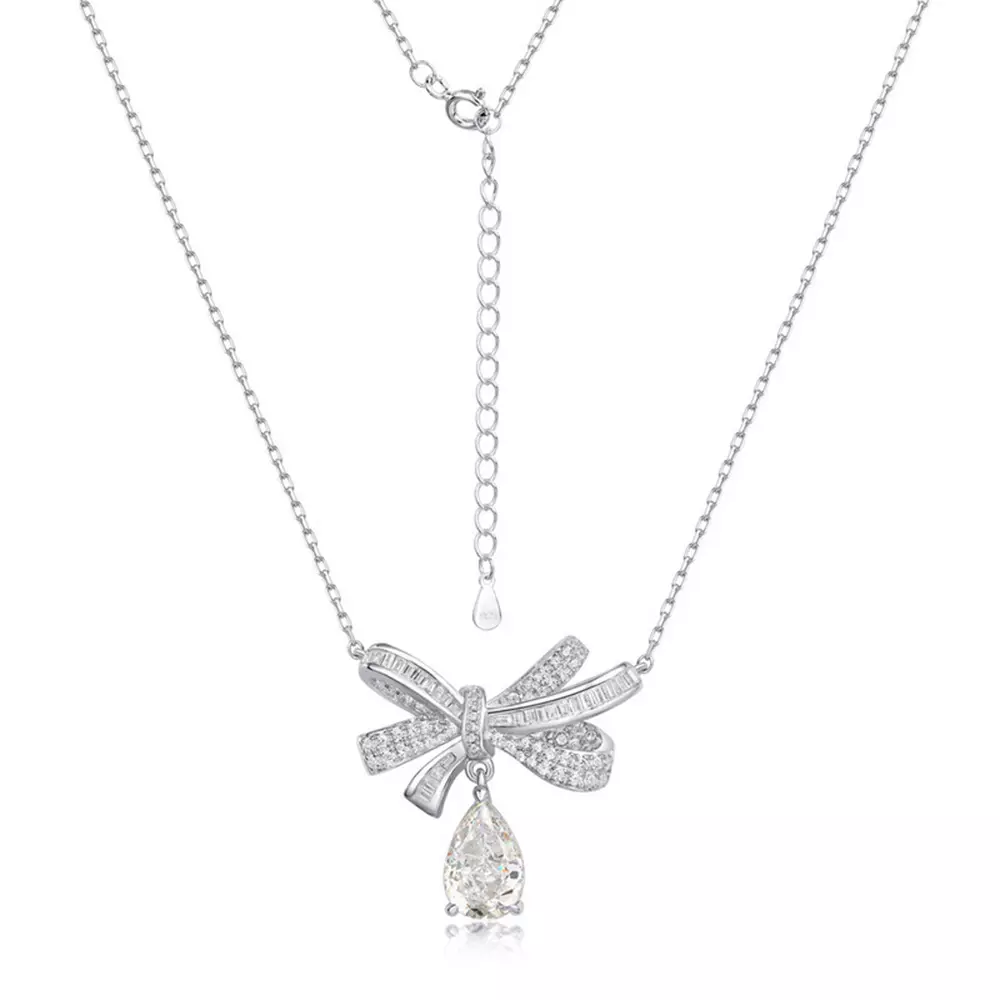 S925 Silver High Carbon Diamond Ribbon Bow Drop Diamond Pendant Necklace