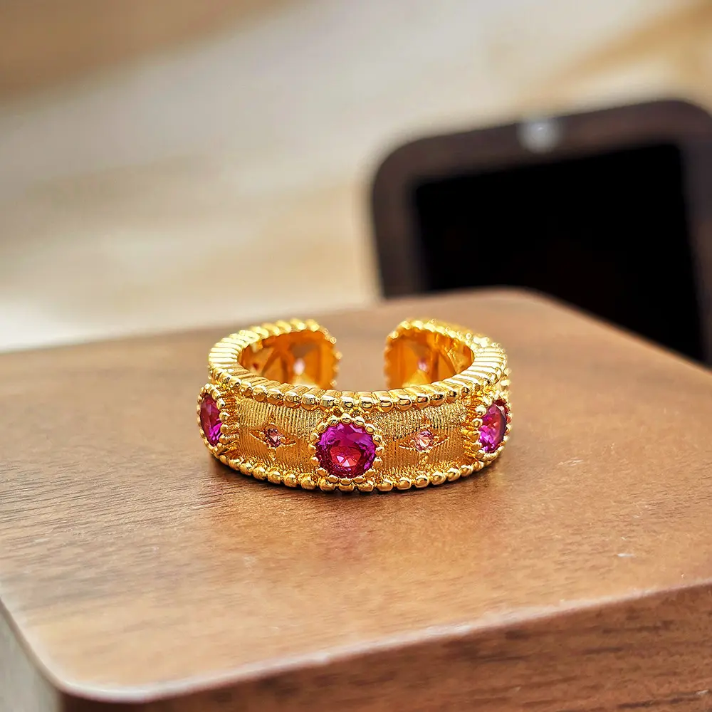 Italian Woven Carved Gold Lace Corundum Women's Ring