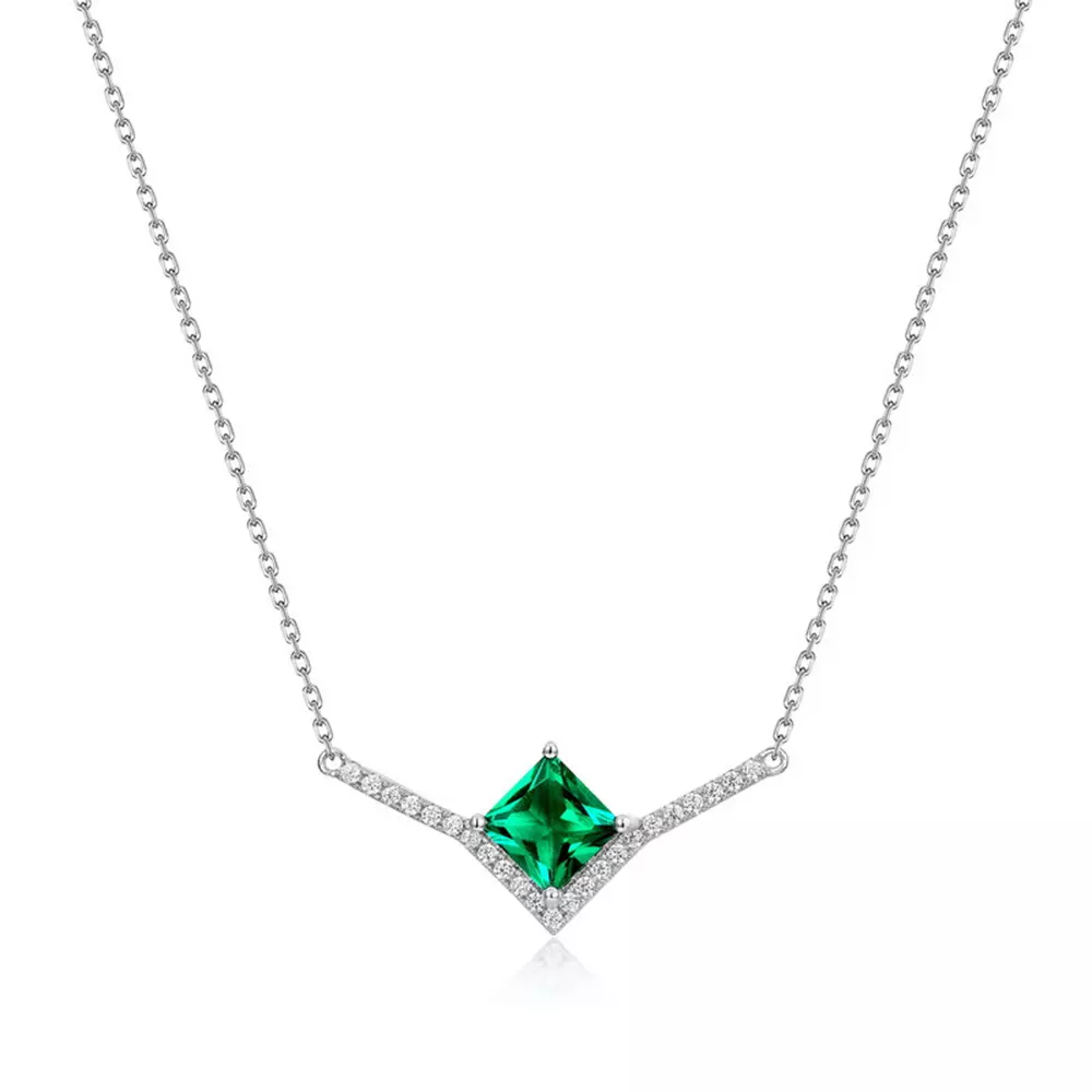 Cultured Emerald Necklace in S925 silver with square colored gemstones
