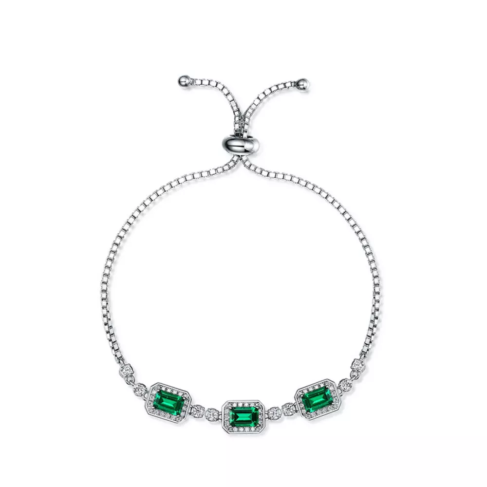 Cultured Emerald Bracelet in S925 Sterling Silver with Diamonds