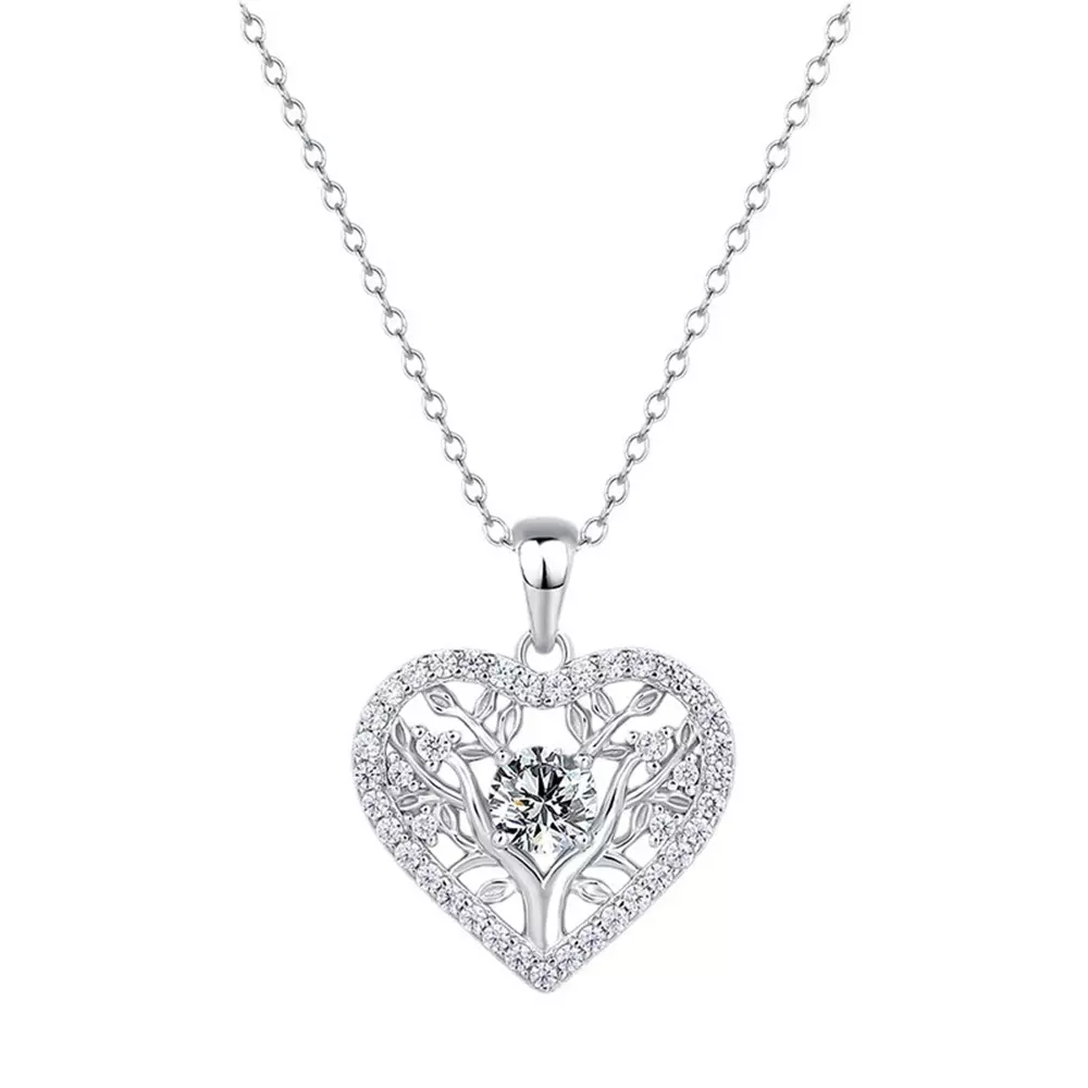 S925 Silver with Moissanite Tree of Life Heart Pendant Necklace Collar Chain