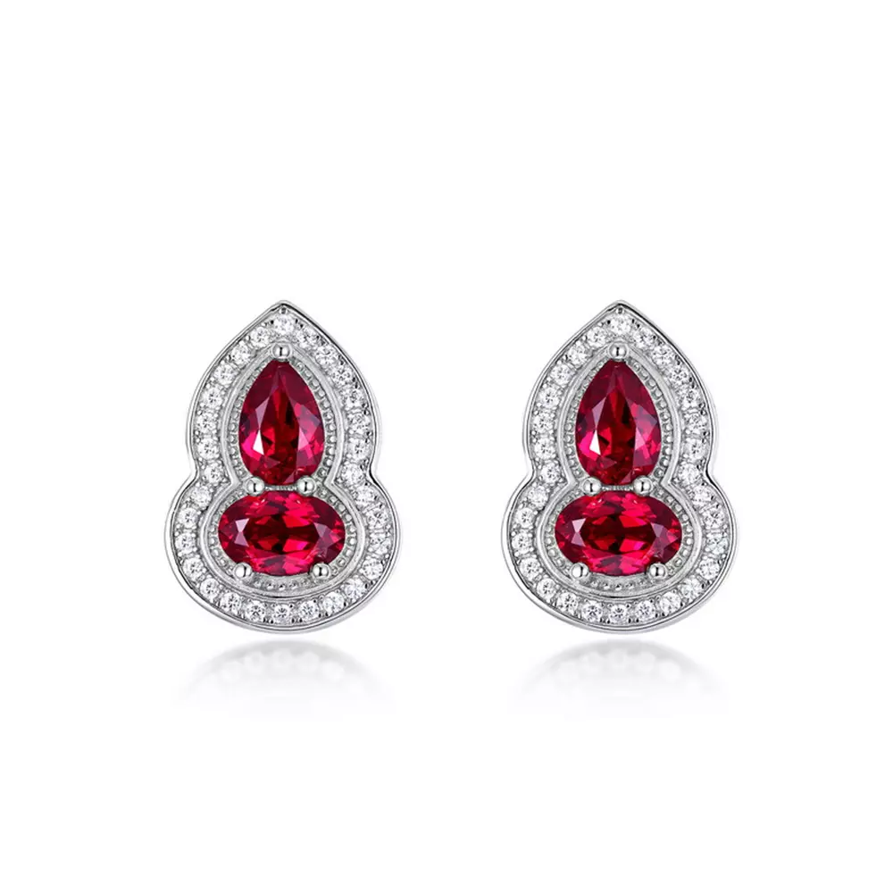 S925 Silver with Cultured Colored Ruby Gourd Light Luxury Earrings