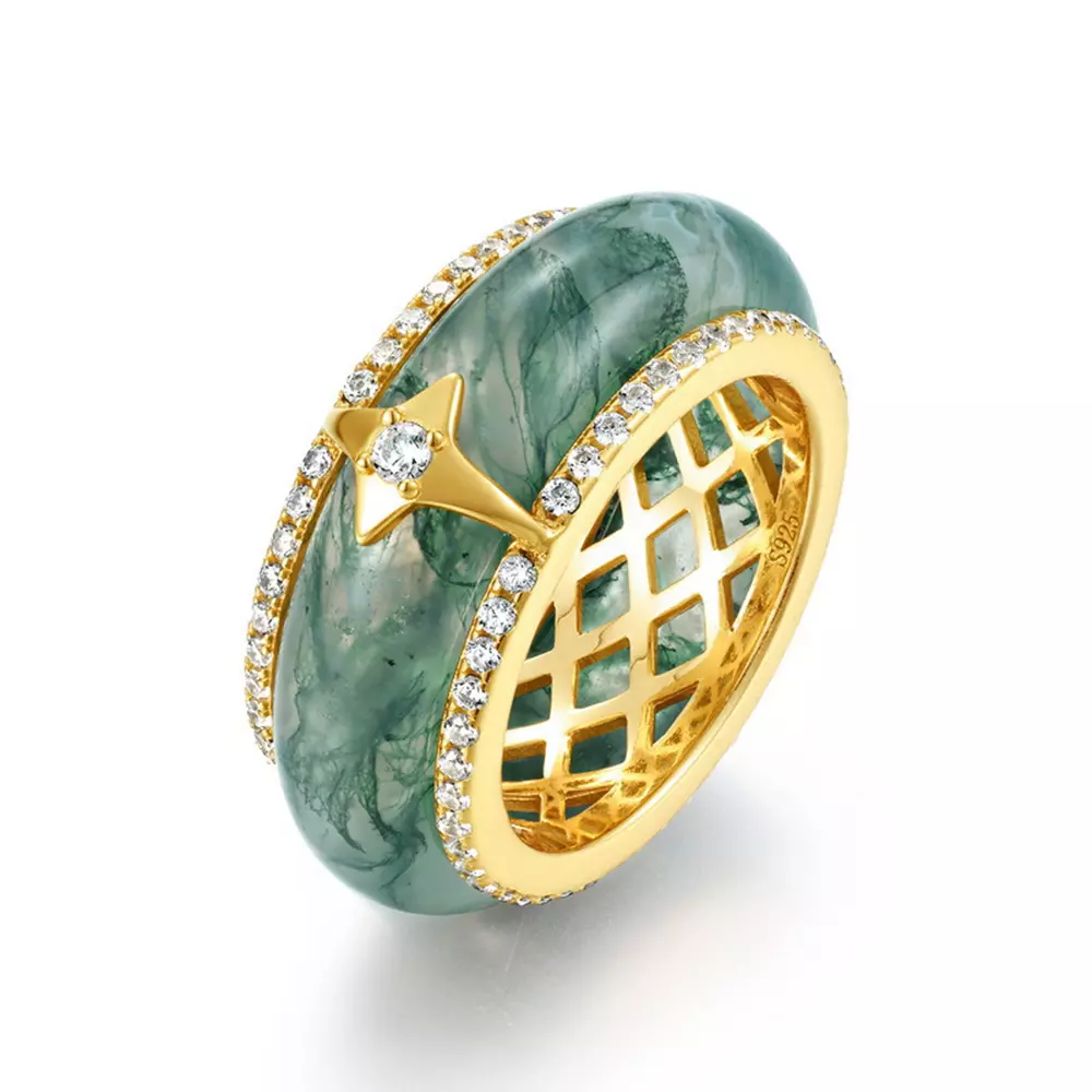 Natural Watercress Agate S925 Silver Gold Plated Green Moss Stone Index Ring