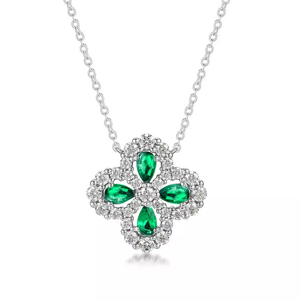 S925 Sterling Silver Cultured Emerald Clover Necklace