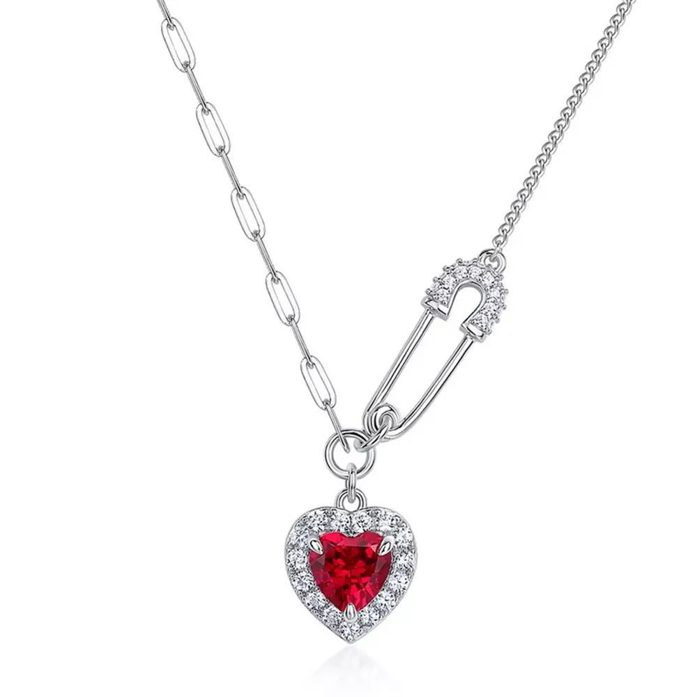 S925 Silver Pin Cultivated Ruby Heart Necklace Collar Chain