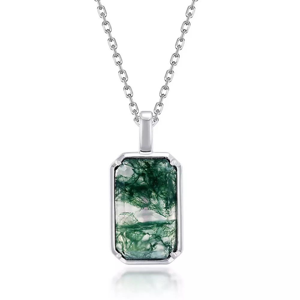 S925 silver with aqua agate natural green moss square stone pendant necklace