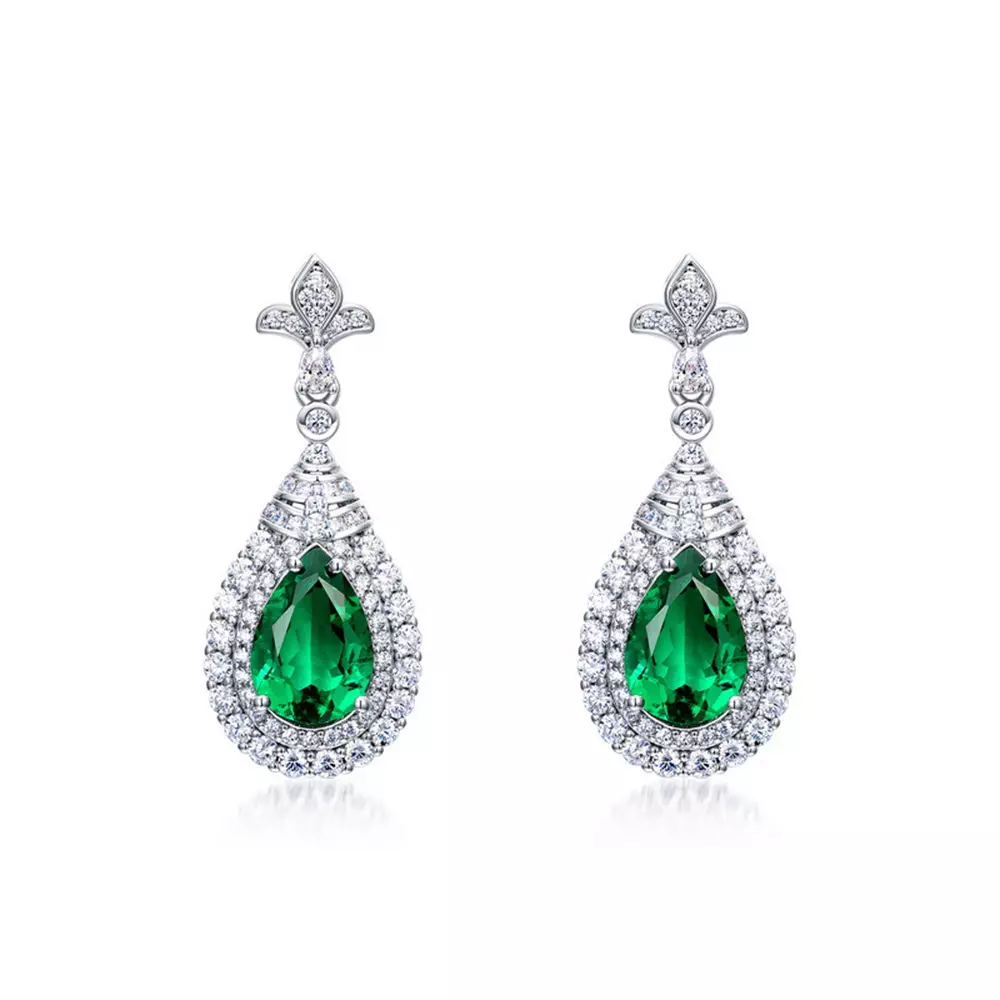 S925 Silver Full Gemstone Cultured Emerald Drop Earrings Earrings