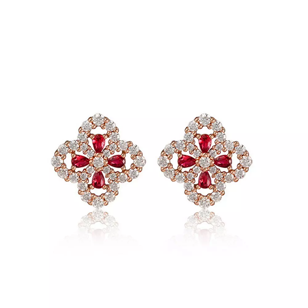 S925 Sterling Silver Four Leaf Petal Cultured Ruby Earrings
