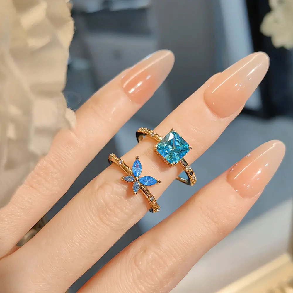 Fashion Blue Diamond Princess Small Square Sugar Butterfly Women's Ring