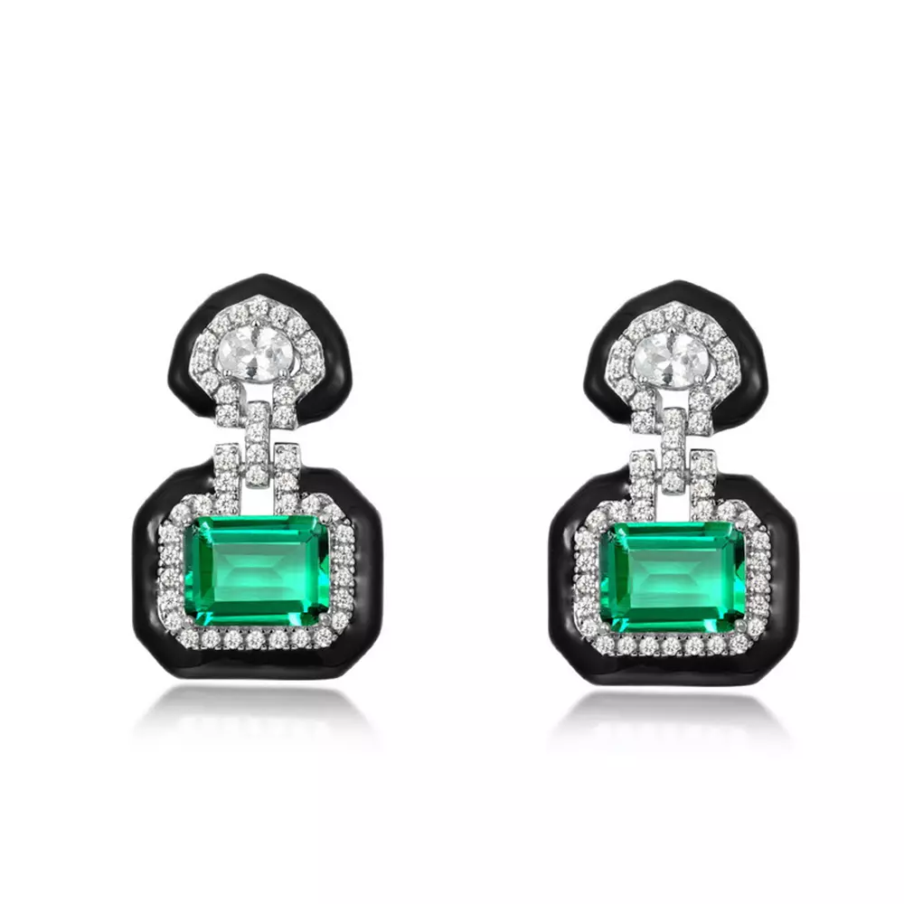 S925 Silver Black Enamel Emerald Stud Earrings Celebrity Earrings