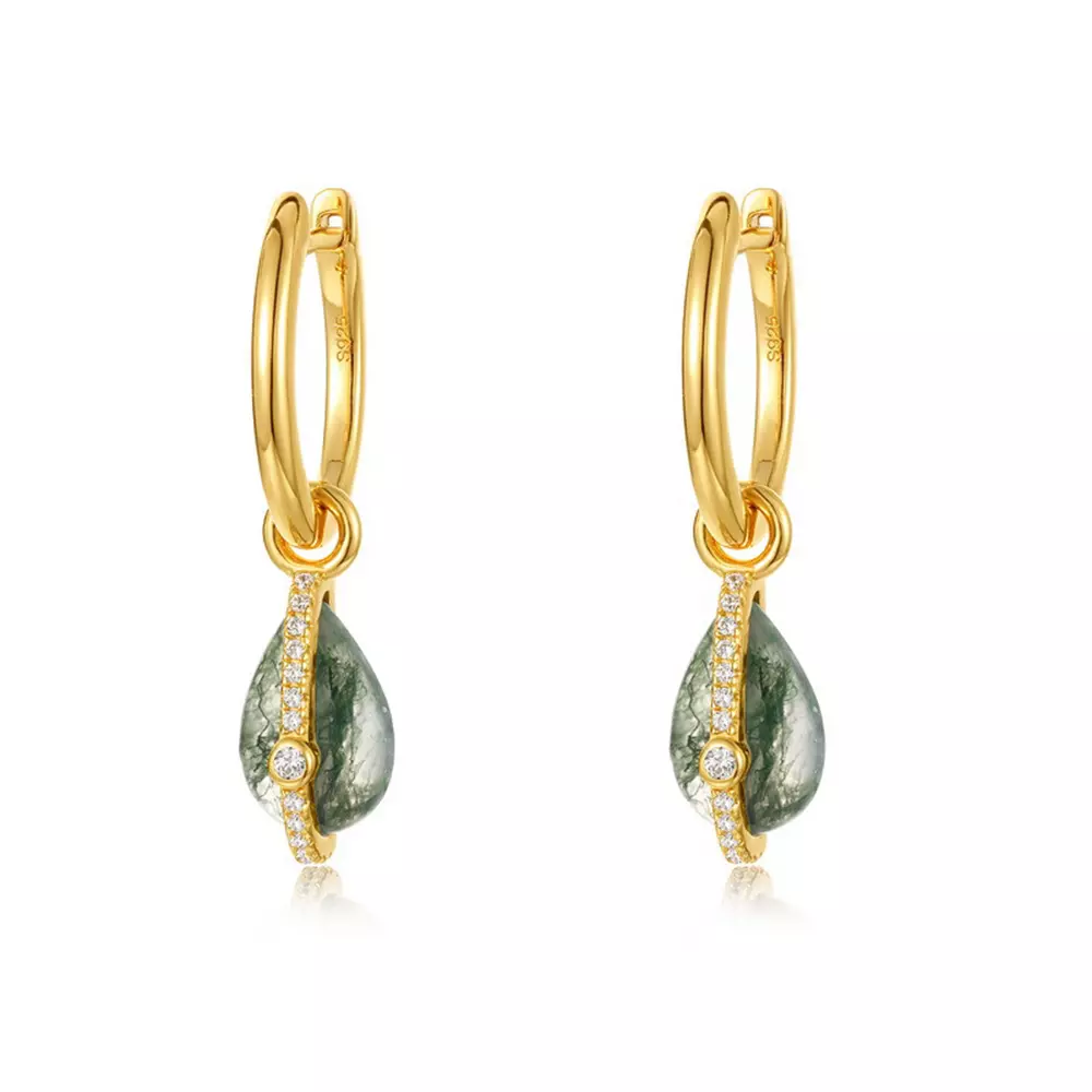 S925 silver and gold plated with green moss stone agate drop earrings