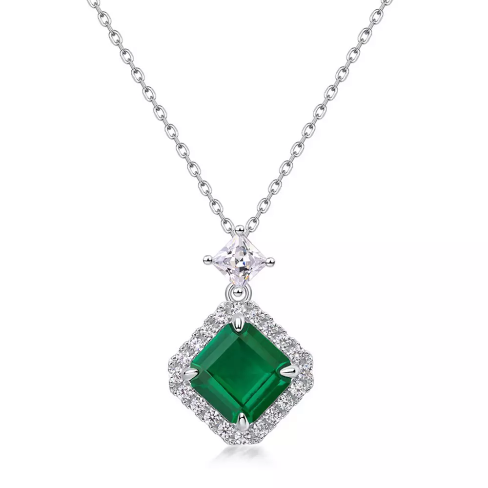 Square Cultured Emerald Pendant Necklace in S925 Silver with Colored Jewels