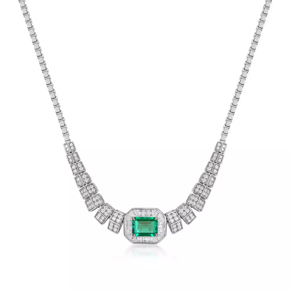 S925 silver with colored gemstone cultivated emerald chain pendant necklace